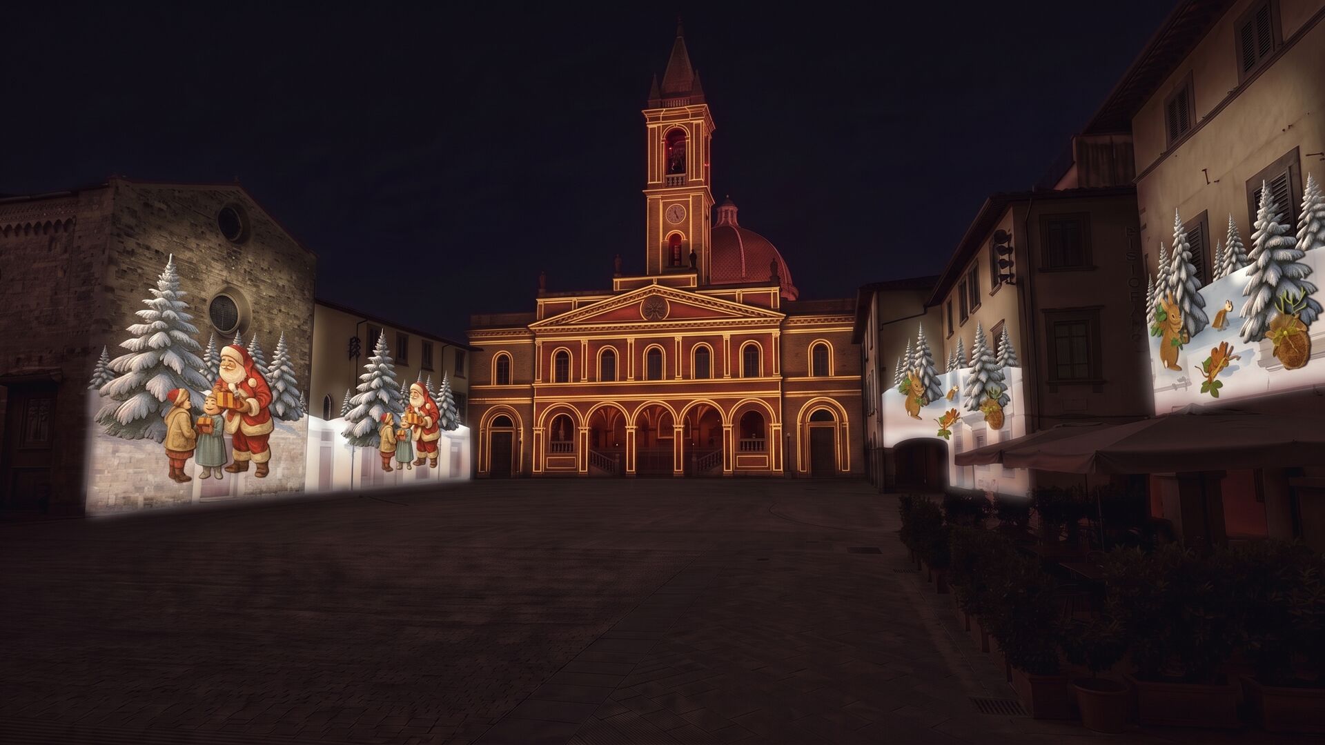 La stessa piazza con scene natalizie proiettate sui fronti laterali e wash caldo sulla chiesa