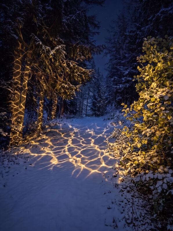 Sottobosco innevato con trame di luce proiettate a terra